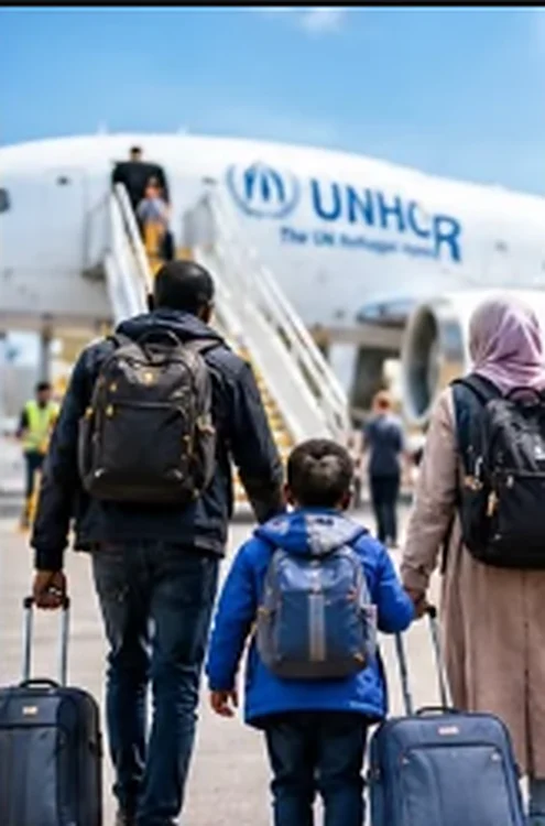 A family with suitcases walks towards an aircraft