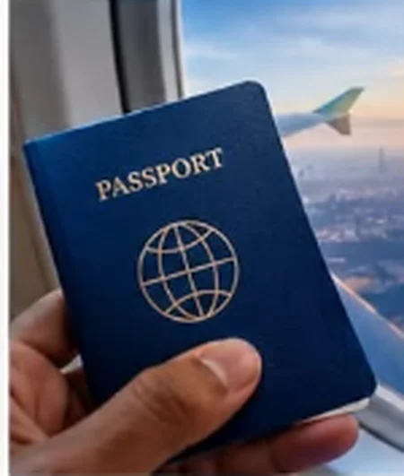 A hand holding a passport beside an aircraft window